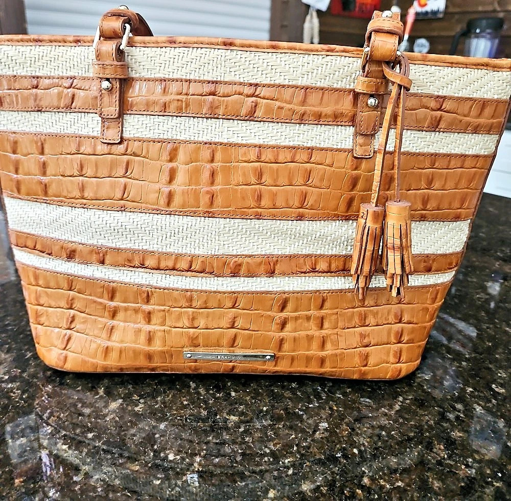 Brahmin Textured Tote in Brown & Cream